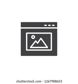 Website image gallery vector icon. filled flat sign for mobile concept and web design. Browser window with picture simple solid icon. Symbol, logo illustration. Pixel perfect vector graphics