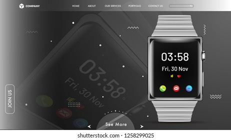 Website-Bild mit intelligenter Uhr auf grauem Hintergrund.