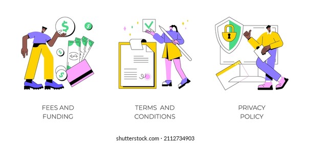 Website information page abstract concept vector illustration set. Fees and funding, terms and conditions, privacy policy, service cost, subscription fee, website menu bar, UI, UX abstract metaphor.