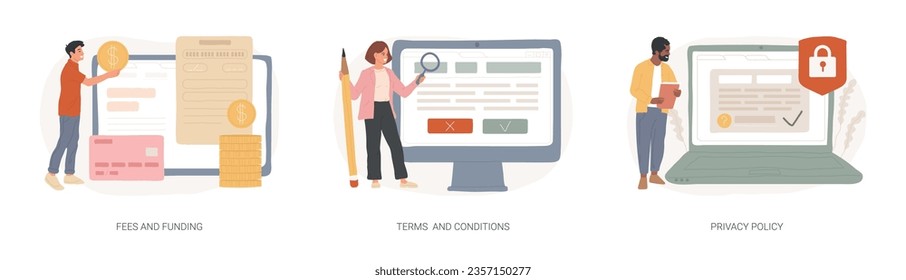 Página de información del sitio web conjunto de ilustraciones vectoriales de concepto aislado. Tarifas y financiamiento, términos y condiciones, política de privacidad, coste de servicio, cuota de suscripción, barra de menú del sitio web, interfaz de usuario, concepto vectorial UX.