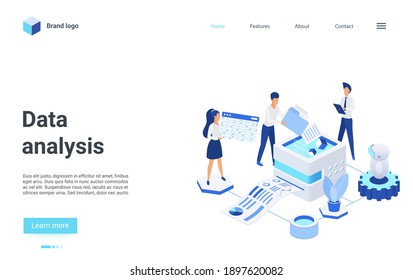 Website interface 3d design with cartoon business analyst people working on financial report, analyzing finance statistics database technology landing page. Isometric data analysis vector illustration