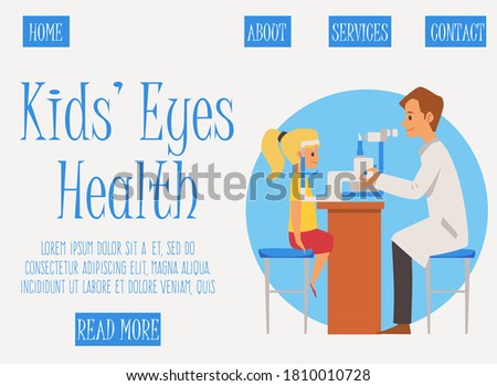 Website interface for children ophthalmology clinic with child and his eye doctor ophthalmologist. Landing page for kids eye health check-up, flat vector illustration.