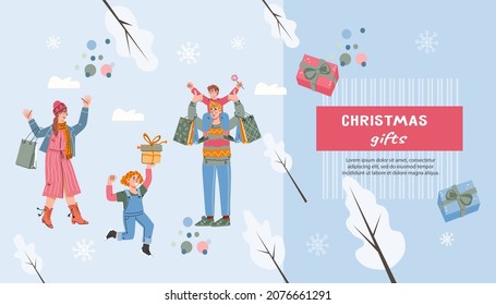 Website interface for Christmas sales and holiday winter markets. Winter fair and market advert. Web banner template with family buying Christmas gifts, flat vector illustration.