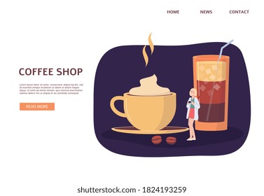 Website interface design for coffee shop or cafeteria with tiny woman character near cup and mug with coffee dessert drinks, flat vector illustration on white background.
