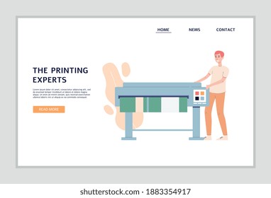 Website interface design for printing services or print shops, flat vector illustration. Landing page template with character of polygraphy specialist printing materials.