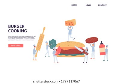 Website interface design with tiny chiefs cooking a burger, flat vector illustration. Landing page or site header template for burger restaurant and cafe.