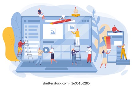 Website interface development concept, vector illustration. Team of cartoon characters in process of creating web site page. Internet service developing and optimization, web design and programming