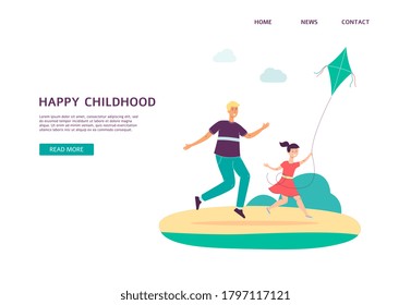 Website interface for family sport activity and entertainment outdoors with father and daughter playing kite in the park, flat vector illustration on white background.