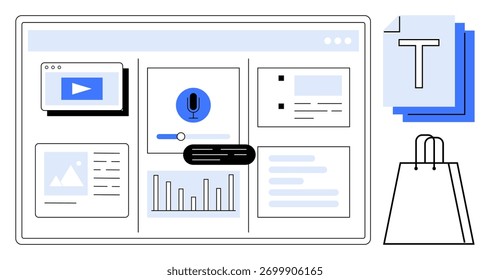 Website interface featuring video player, microphone icon, bar charts, document with text, and shopping bag. Ideal for web design, multimedia, content creation, e-commerce data analysis digital