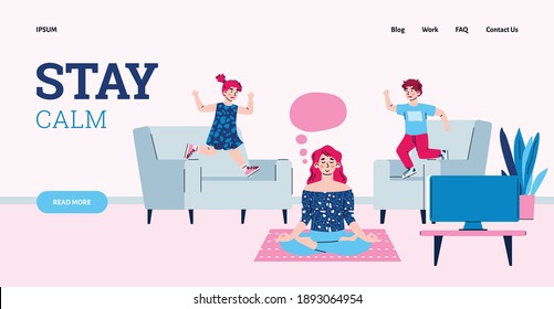 Website interface with freelance woman relaxing in meditation pose while working from home. Working mother with children keeps her calm cartoon vector illustration.