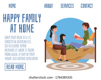 Website interface with happy family at home joint recreation scene, flat vector illustration. Stay at home and family togetherness landing page mockup.