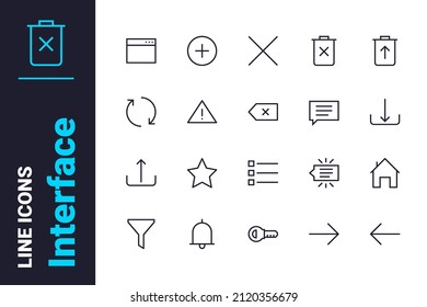 Website interface icons set vector illustration. Collection of signs for desktop line icon. Digital and info panel concept