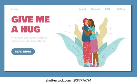 Website interface layout with hugging people, flat vector illustration. Friendly relationships and society support, care of each other - concept of website banner.