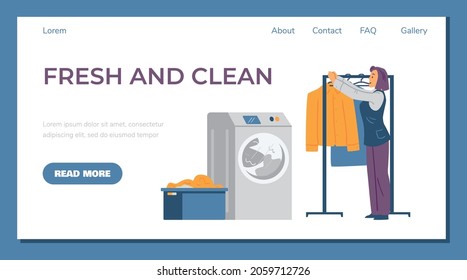 Diseño de la interfaz del sitio web con ropa de lavado para el personal de lavandería, ilustración plana vectorial. Banner de página web o plantilla de página de aterrizaje para anunciar servicios de lavandería.