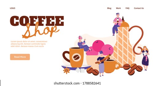 Website interface mockup for coffee shop with people and crockery for coffee drinking, flat vector illustration. Landing page template for restaurant or store, cafe.