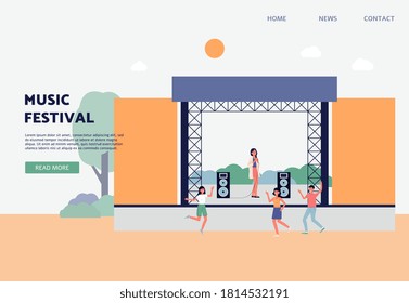 Website interface mockup for open air summer music festival with people dancing near stage, flat vector illustration. Landing page for outdoor music performance.