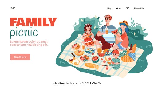 Interfaz de sitio web de simulación con escena de picnic de verano familiar al aire libre, dibujos animados vectores ilustración. Esparcimiento familiar de verano y diseño de ocio de la página de aterrizaje del sitio.