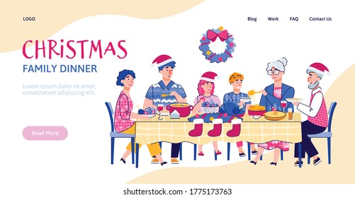 Website interface mockup with scene of family Christmas festive dinner together, cartoon vector illustration. Landing page for Christmas and New Year holidays.