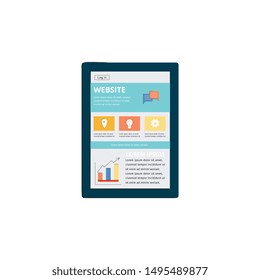 Website interface on modern tablet, internet web page layout seen on digital mobile device screen, flat isolated vector illustration on white background