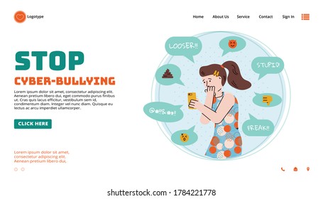 Interfaz de sitio web de servicios en línea y apoyo psicológico para víctimas de ciberacoso con llamadas de cabecera para dejar de bullying caricaturista ilustración plana vectorial.