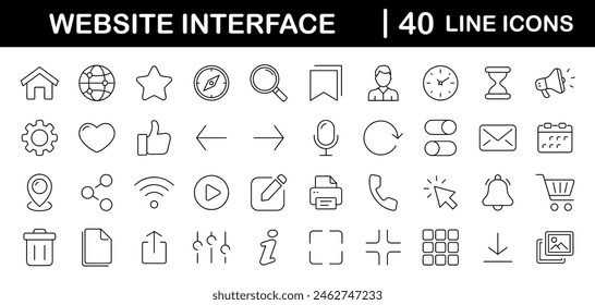Website Interface set of web icons in line style. Basic UI UX icons for web and mobile app. Containing user interface, web page, mobile app, web interface, development and more