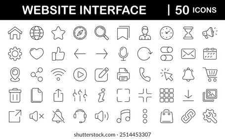 Conjunto de ícones da Web da Interface do Site em estilo de linha. Ícones de UX de interface do usuário básica para aplicativos móveis e da Web. Contendo interface do usuário, página da Web, aplicativo móvel, interface da Web, desenvolvimento e muito mais