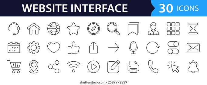 Website Interface set of web icons in line style. Basic UI UX icons for web and mobile app. Containing user interface, web page, mobile app, web interface, development and more