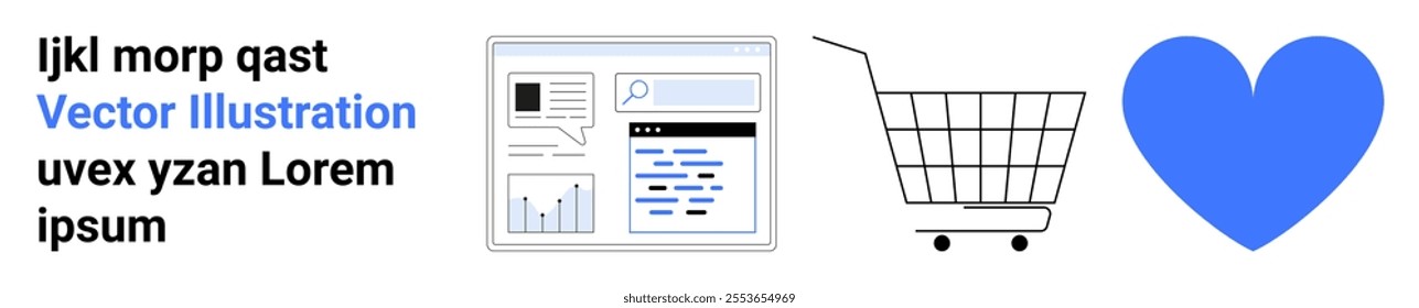 Website interface, shopping cart, and heart symbol Ideal for e-commerce, digital marketing, user interface design, online shopping, customer satisfaction Landing page