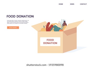 Website Interface Template For Food Donation Charity Flat Vector Illustration.