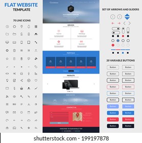 Website interface template- one page and set of buttons and flat icons. Modern flat style. Vector