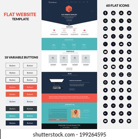 Website interface template- one page and set of buttons and flat icons. Modern flat style. Vector