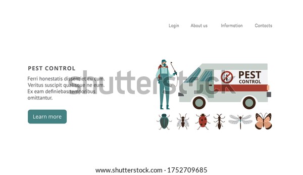 Website interface template\
for pest and rodent control services with exterminator spraying an\
insecticide, flat vector illustration isolated on white\
background.