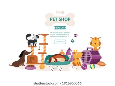 Website interface template for pet shop with cute dogs and cats characters, flat vector illustration. Landing page for domestic animals care products store.