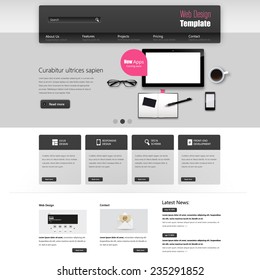 Website interface template vector design with realistic still life illustration, tablet, coffee, notebook.