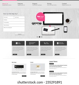 Website interface template vector design with realistic still life illustration, tablet, coffee, notebook.