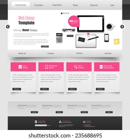 Website interface template vector design with realistic still life illustration, tablet, coffee, notebook. 