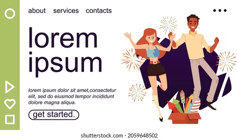 Website interface with young couple celebrating New Year or Birthday party with fireworks and firecrackers. Festive holiday fireworks webpage, flat vector illustration.