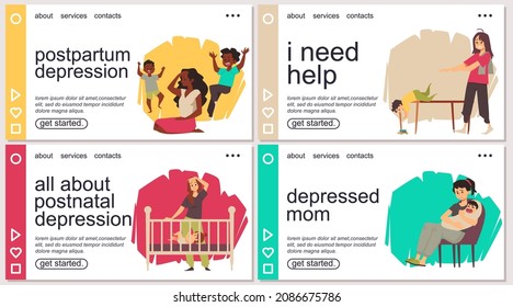 Website interfaces collection on topic of postnatal or postpartum depression. Psychological help to depressed women after childbirth, flat vector illustration.