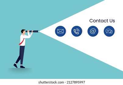 Website and Internet contact us page concept. Businessman looking with telescope symbol