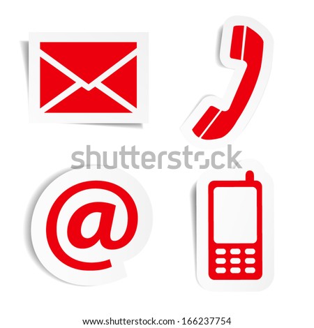 Website and Internet contact us red icons set and design symbols on stickers with shadow. EPS10 vector illustration isolated on white background.