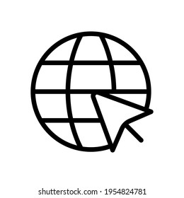 Website im Internet, Globus mit Pfeil, Online-Welt, Web-Symbol. Schwarzes Symbol auf weißem Hintergrund