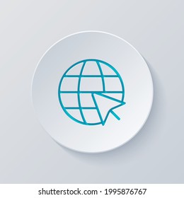 Website in internet, globe with arrow, online world, web icon. Cut circle with gray and blue layers. Paper style