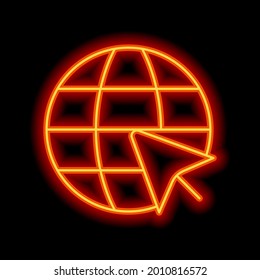 Website in internet, globe with arrow, online world, web icon. Orange neon style on black background. Light linear icon with editable stroke