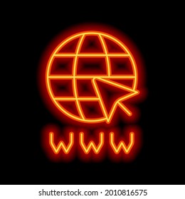 Website in internet, globe with arrow, online world, web icon. Orange neon style on black background. Light linear icon with editable stroke