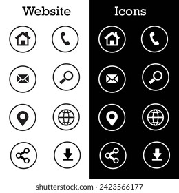 sitio web, iconos aislados en blanco de internet, signos en fondo negro para plantilla de diseño, conjunto de vectores