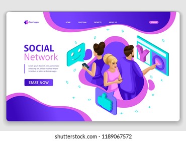 Website Isometric Landing page concept People in social network. Teenagers communicate in a new social network.. Easy to edit and customize.