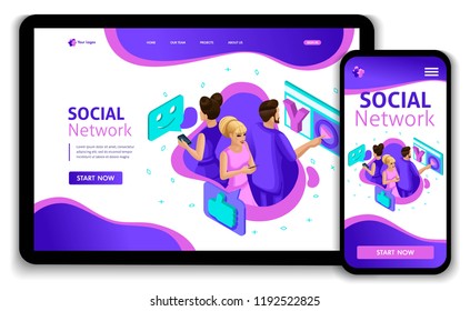 Website Isometric Landing page concept People in social network. Teenagers communicate in a new social network.. Easy to edit and customize, Responsive