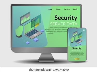 website isometric security data vector, concept template for landing page monitor and tablet isolated, background colorfull for your business design 


