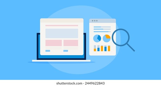 Website KPI, Website analytics report with chart and graph, Website data analysis, SEO, Web traffic data - vector illustration with icons