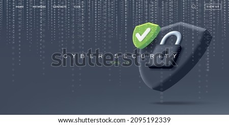 Website landing banner with cyber security 3d illustration of a shield with padlock and matrix texture